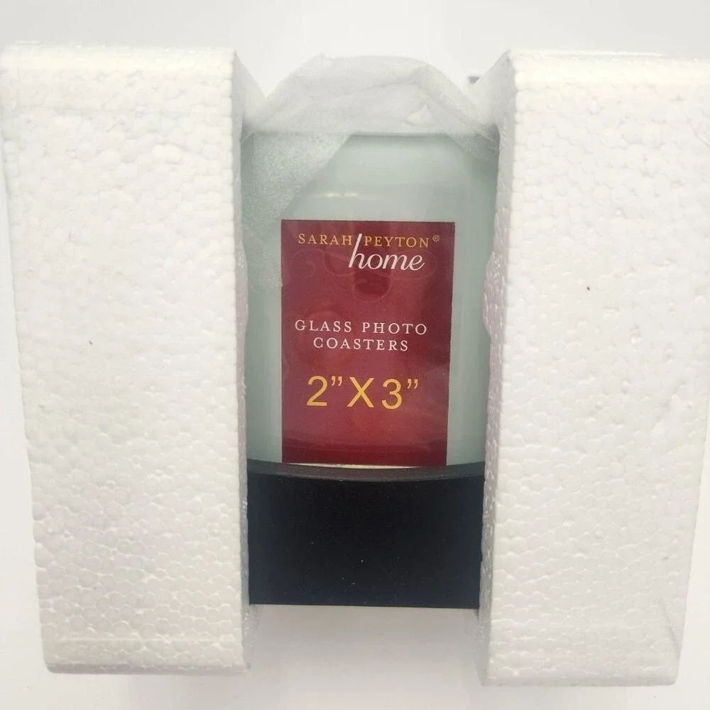 Set of 4 Frosted Glass Photo‎ Coasters with Wood Stand by Sarah Peyton Home